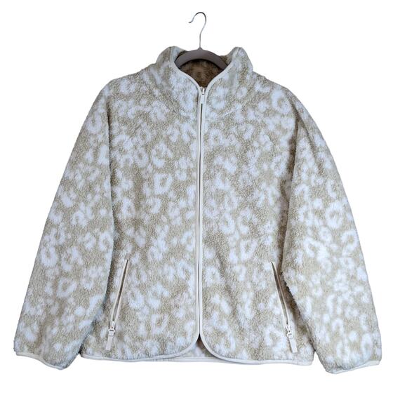 All in Motion Sherpa Jacket Womens XXL Animal Print Relaxed Zip Sweatshirt Beige - Picture 1 of 10